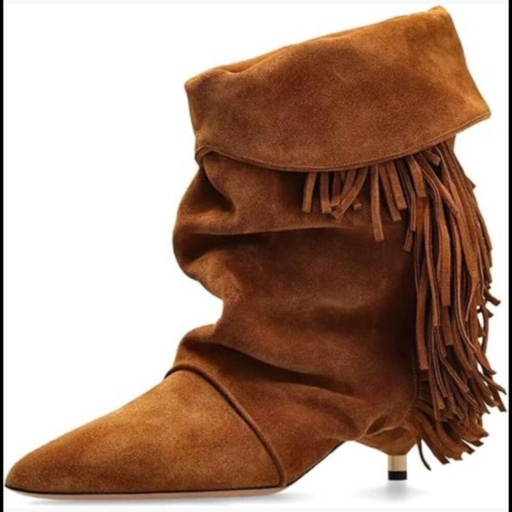 Slouchy Ankle Boots Pointed Toe Kitten Heels Wide Calf Boho Suede Fold Over new - Picture 1 of 8